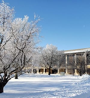 building M is shown with snow covering the ground and trees