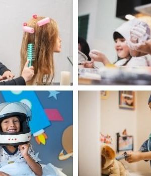 Photos of kids playing hair stylists, chefs, astronauts and doctors