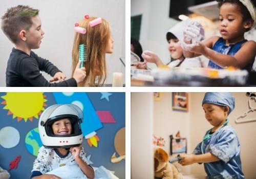 Photos of kids playing hair stylists, chefs, astronauts and doctors