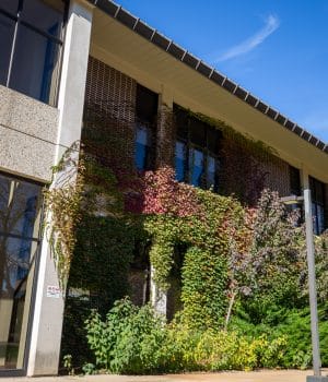 Closeup of a Highland Community College building with greenery.