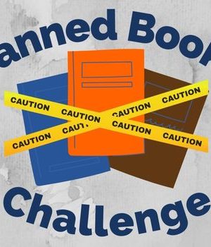 Banned Books Challenge logo consisting of three books with caution tape over them