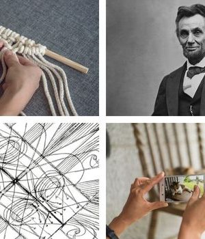 Four pictures describing October Lifelong Learning classes person doing macrame, Abraham Lincoln, zentangle art and person taking a picture of a cat