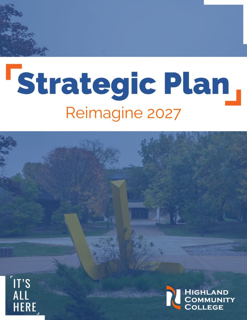 Strategic Plan Reimagine 2027 report cover featuring a campus shot of the yellow sculpture outside of building F with a blue overlay