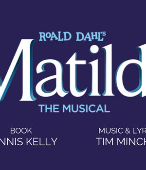 Roald Dahl's Matilda The Musical in white with a blue outline over a purple back ground. Book by Dennis Kelly and Music and Lyrics by Tim Minchin appear under the logo.