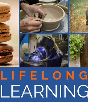Photos of macarons, a person spinning pottery on a wheel, a bison, a woman welding and a painting of tulips on wood in a grid with the words Lifelong Learning under the grid.