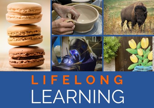 Photos of macarons, a person spinning pottery on a wheel, a bison, a woman welding and a painting of tulips on wood in a grid with the words Lifelong Learning under the grid.