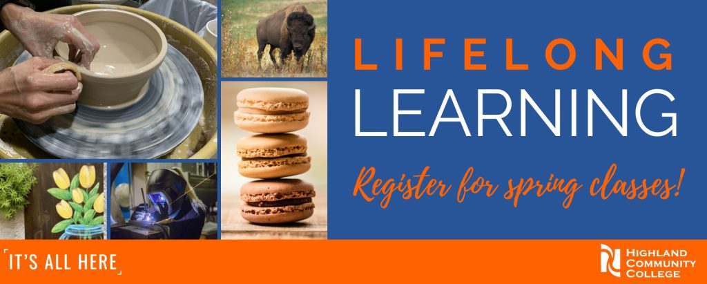 Photos of macarons, a person spinning pottery on a wheel, a bison, a woman welding and a painting of tulips on wood in a grid with the words Lifelong Learning and Register for spring classes next to the grid.