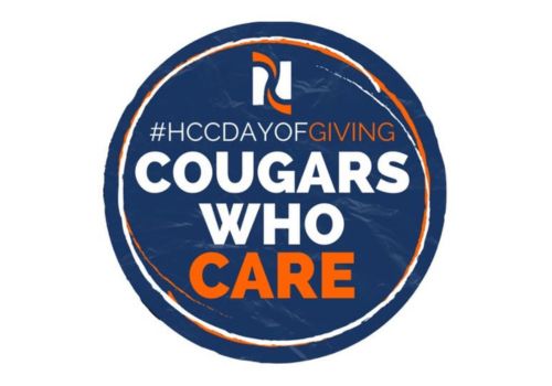 Blue circle with HCC logo and text saying HCC Day of Giving Cougars Who Care