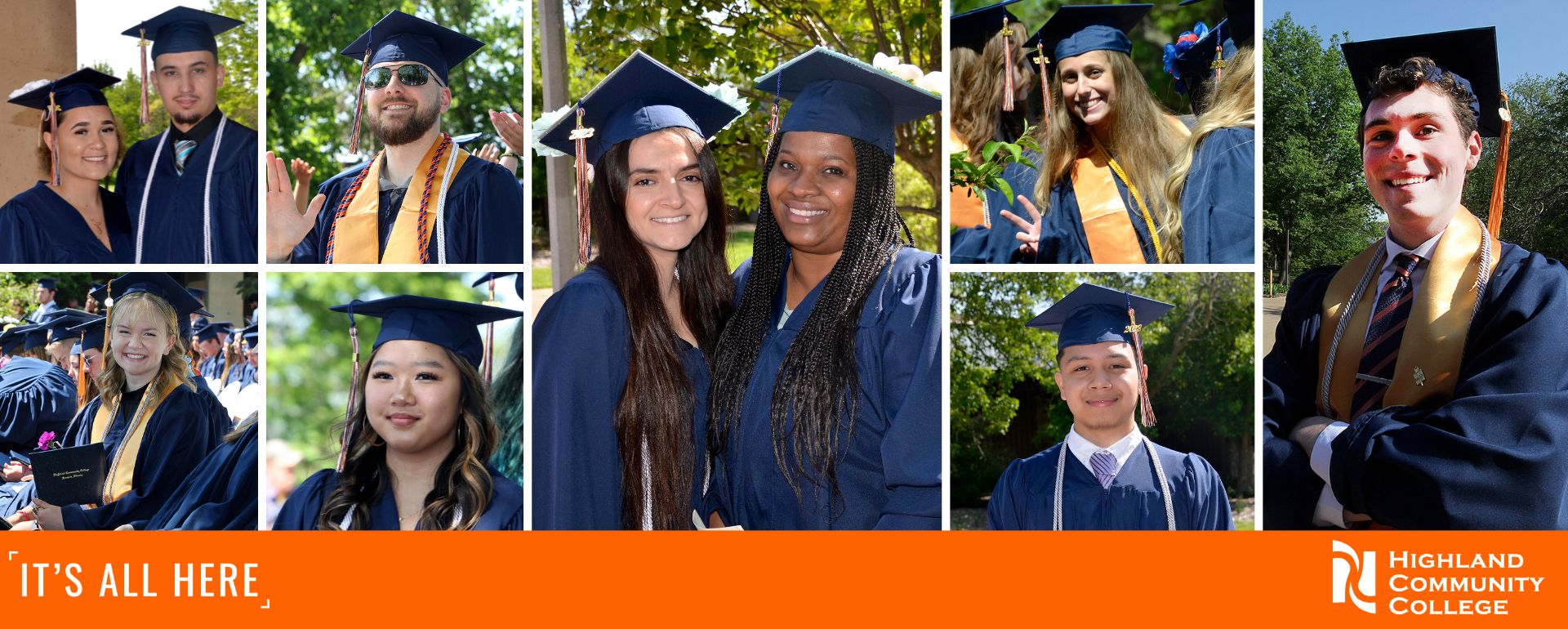Eight shots of Highland grads posing for the camera. An orange bar at the bottom contains the It's All Here and HCC logos.