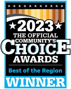 Designed badge of Highland Community College's Community Choice Awards designation as a Best of the Region Winner. HCC was voted a top workplace for 2023.