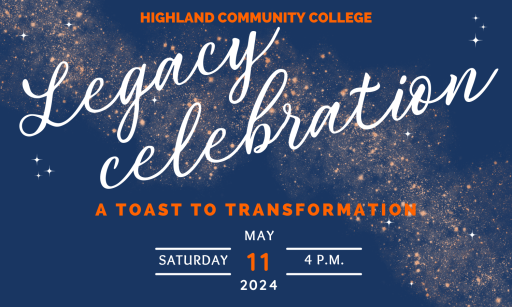 Legacy Celebration Invitation with the words "A Toast to Transformation" and the date of Saturday May 11 2024 at 4PM with a blue and sparkling background