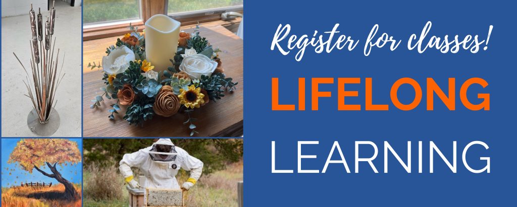 Decorative graphic image stating: "Register for Classes! Lifelong Learning."