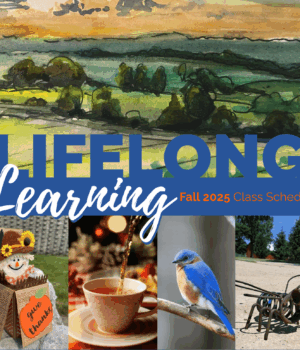 Lifelong Learning image of cardmaking, tea, bird watching, and iron work.