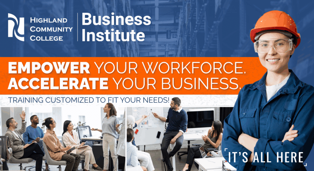 Image of workers learning and one worker wearing a protective helmet with safety glasses.  Text on image says, Empower your workforce. Accelerate your business. 