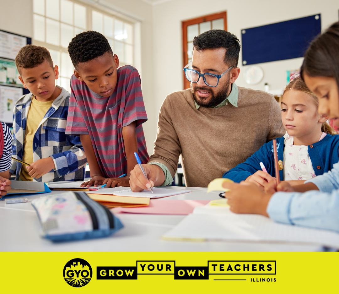 Male teacher surrounded by students with the Grow Your Own Teachers Illinois Logo.