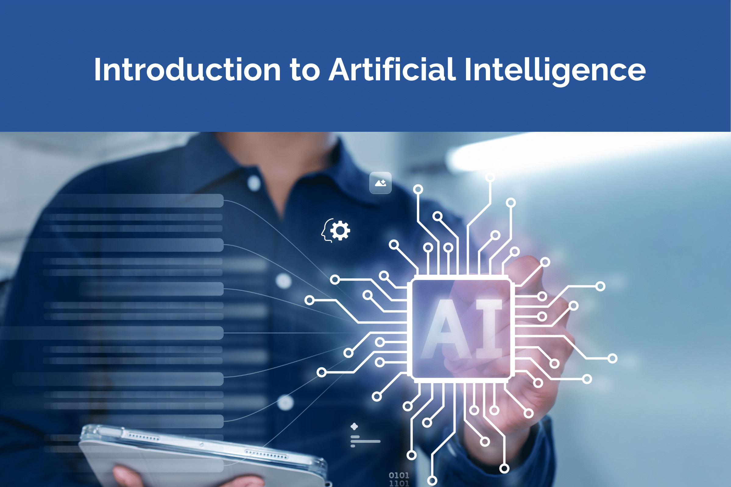 man with ipad and AI tech logo