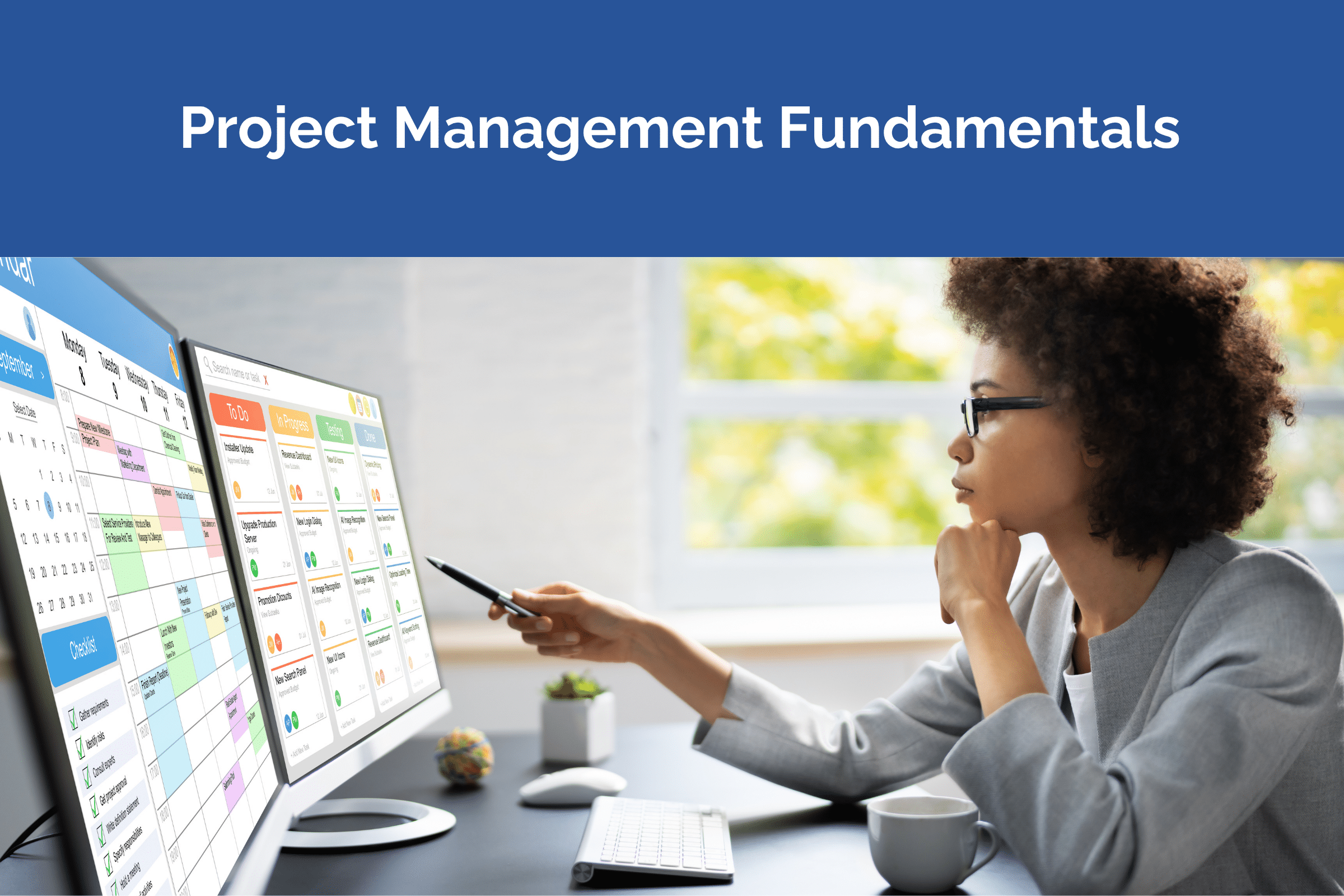 woman sitting at desk doing project management