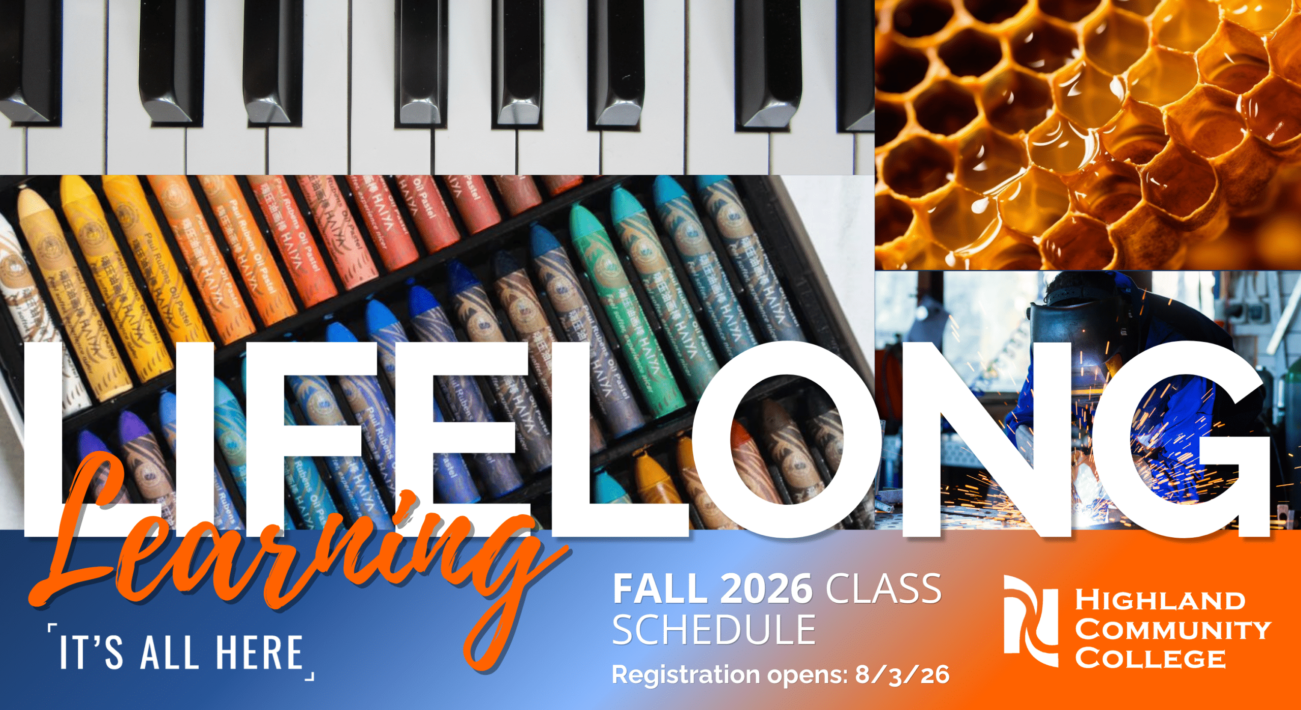 collage of colorful bee hive, pastels, keyboard and welding person with text reading Lifelong Learning Highland Community College logo